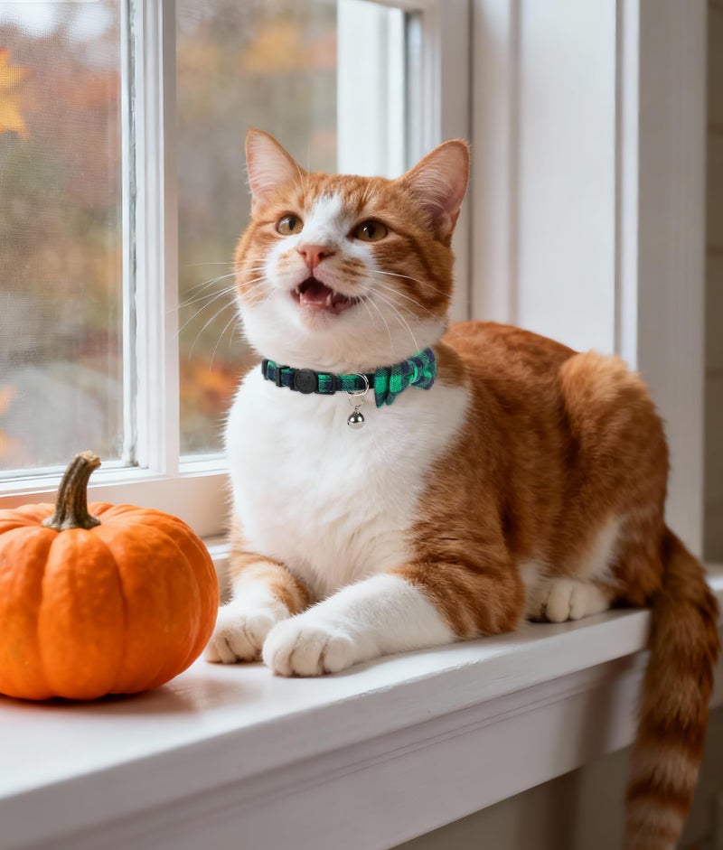 Joytale Upgraded Cat Collar with Bells, Breakaway Cat Collars with Bow Tie, 2 Pack Girl Boy Safety Plaid Kitten Collars, Green+Red - Image 3